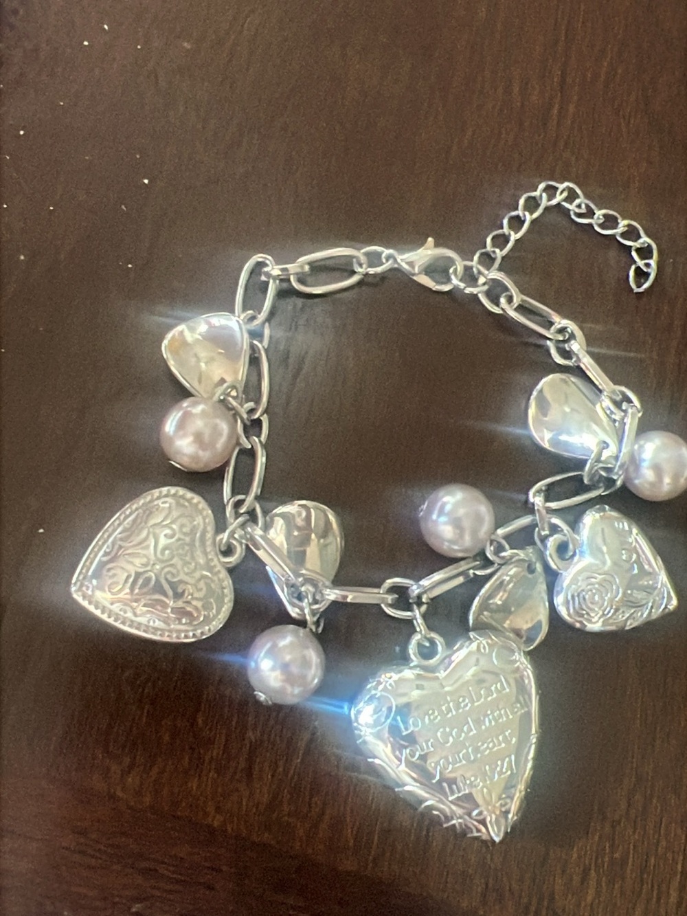 Silver Heart Charm Bracelet with Pearl Accents - Silver
